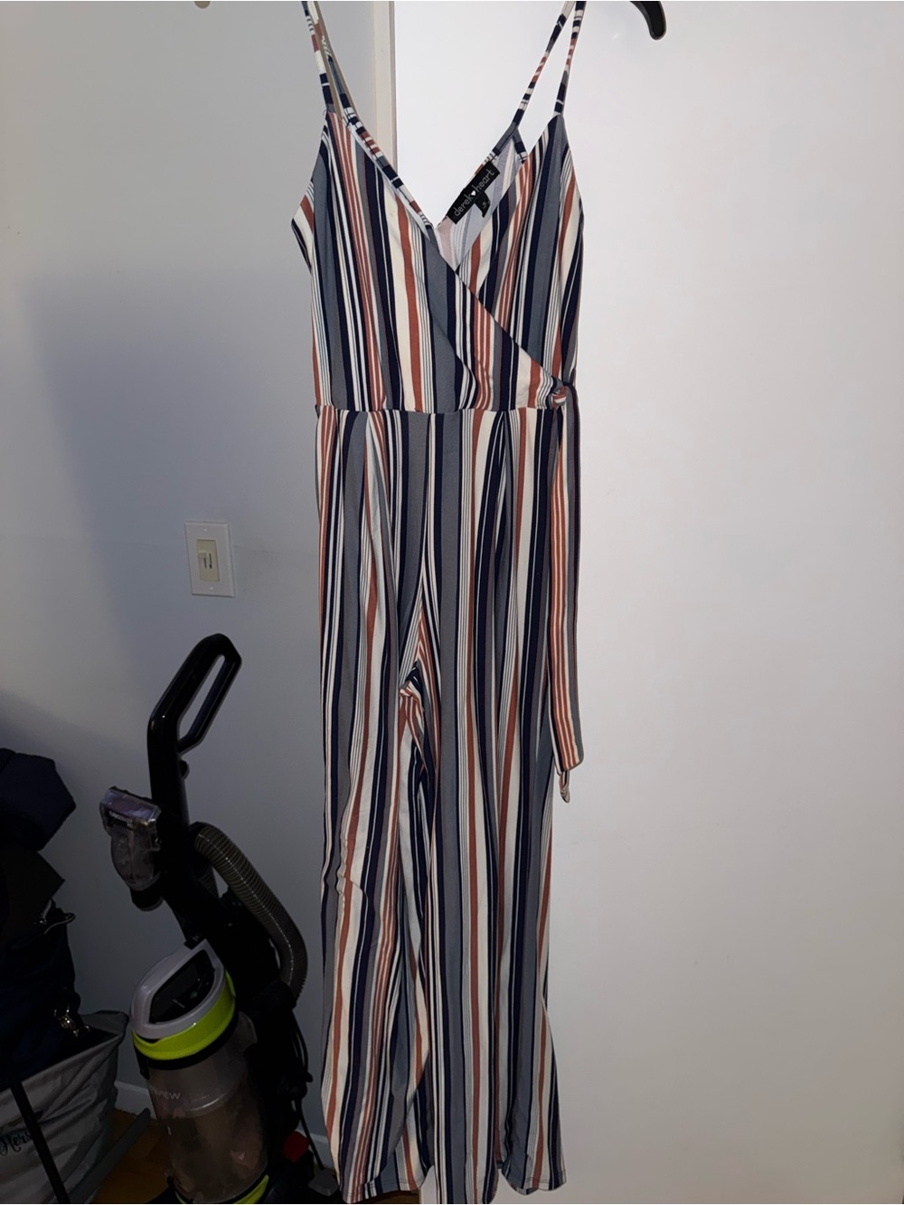 Derek Heart Striped Wrap Jumpsuit in Navy, White & Rust